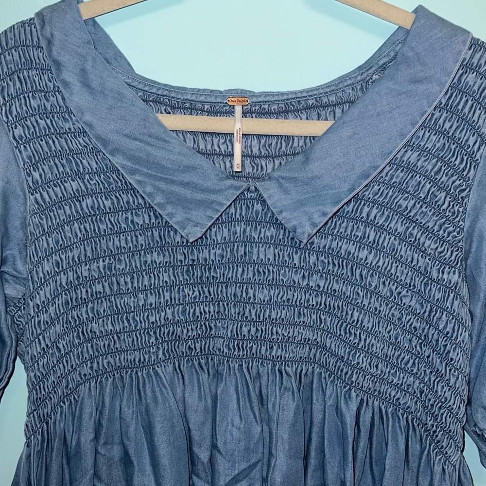 FREE PEOPLE BABYDOLL DRESS, WITH COLLAR, RUNS LARGE, DENIM BLUE